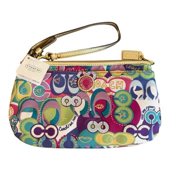 Coach Large Wristlet Multicolor Poppy Colorful Gold Leather Metallic Trim $98 - Picture 1 of 7